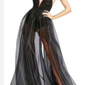 Leena for Mac Duggal Sequin Bodysuit & Sheer Skirt Gown
